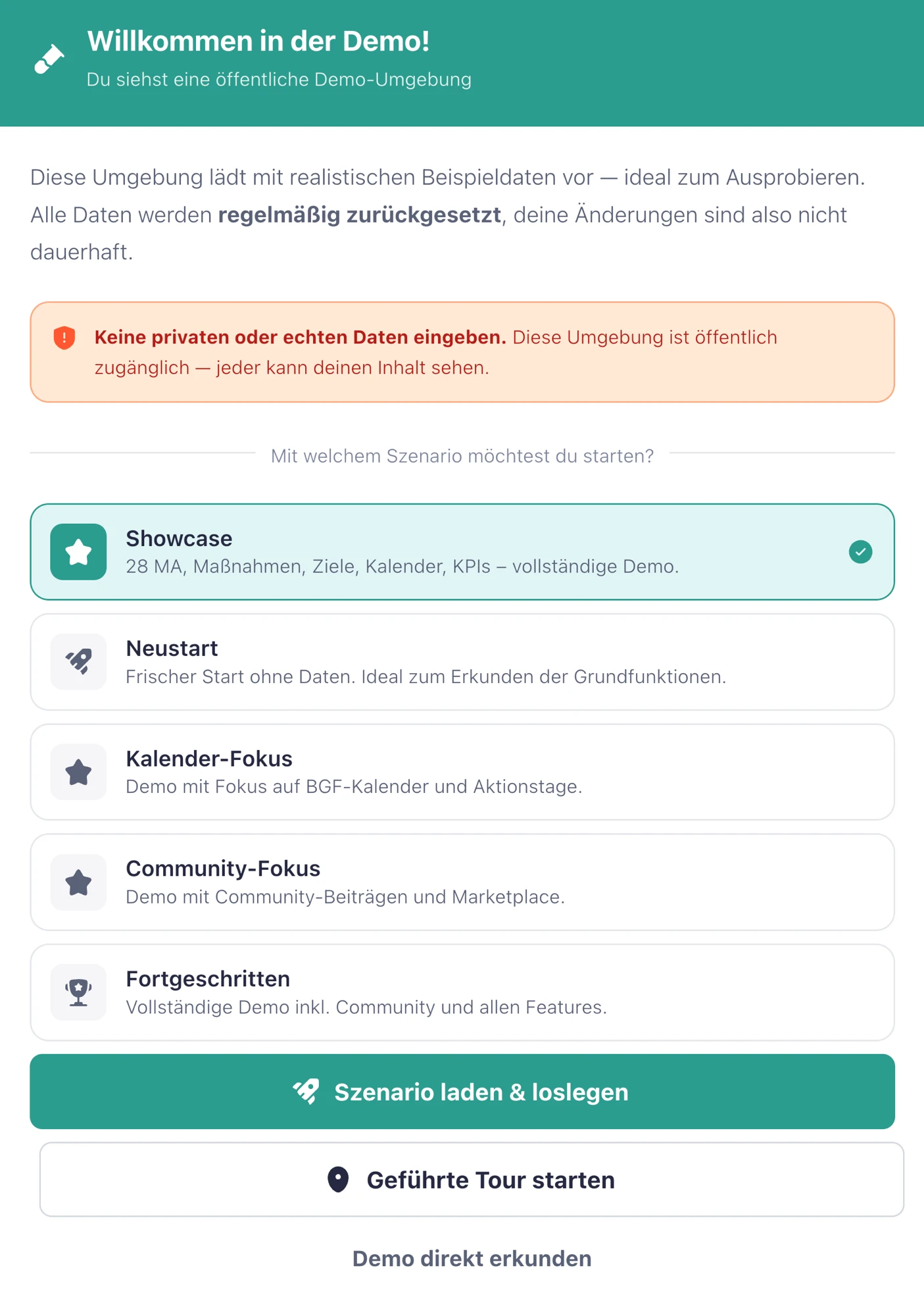EasyBGF Demo-Modus Szenario-Auswahl
